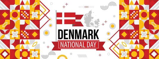 Dänemark National Tag Banner mit dänisch Karte, Kopenhagen Sehenswürdigkeiten Illustration, Dänemark Grafik Design, Flagge Farben Thema Hintergrund und rot Weiß Design. vektor