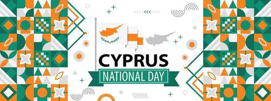 Zypern Unabhängigkeit Tag abstrakt Banner Design mit Flagge und Karte. Flagge Farbe Thema geometrisch Muster retro modern Illustration Design. Orange und Grün vektor