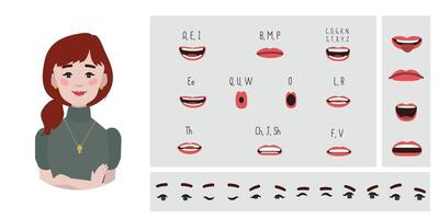 företag kontor kvinna avatar skapande lämplig för animation. generator, konstruktör av olika ögon, mun, känsla uttryck mun animering och läpp synkronisera. kvinna karaktär ansikte konstruktion. vektor