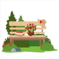 trä- trädgård bänk med en bukett av blommor omgiven förbi träd. rustik scen med en bänk, buskage, vallmo och en korg av jordgubbar. en bänk i de blomning trädgård i de bakgård. vektor