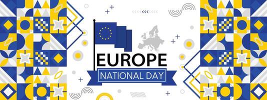 Europa National Tag Banner mit europäisch Flagge Farben Thema und geometrisch abstrakt retro modern Blau Gelb Hintergrund Weiß Design. vektor