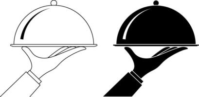 Gliederung Silhouette Essen Tablett auf ein Hand Symbol einstellen vektor