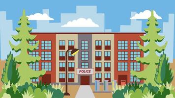 illustration av en gata med en polis byggnad i en platt stil vektor