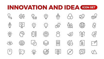 Innovation Linie Symbole Sammlung. Technologie, kreativ, Symbole. ui Symbol Satz. dünn Gliederung Pack. Idee kreativ Idee, Brainstorming, Lösung, Denken und Innovation die Glühbirne mit Gehirn Gliederung Symbol. vektor