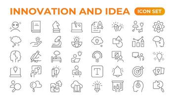 Innovation Linie Symbole Sammlung. Technologie, kreativ, Symbole. ui Symbol Satz. dünn Gliederung Pack. Idee kreativ Idee, Brainstorming, Lösung, Denken und Innovation die Glühbirne mit Gehirn Gliederung Symbol. vektor