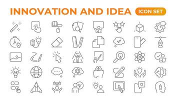 Innovation Linie Symbole Sammlung. Technologie, kreativ, Symbole. ui Symbol Satz. dünn Gliederung Pack. Idee kreativ Idee, Brainstorming, Lösung, Denken und Innovation die Glühbirne mit Gehirn Gliederung Symbol. vektor