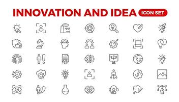 Innovation Linie Symbole Sammlung. Technologie, kreativ, Symbole. ui Symbol Satz. dünn Gliederung Pack. Idee kreativ Idee, Brainstorming, Lösung, Denken und Innovation die Glühbirne mit Gehirn Gliederung Symbol. vektor