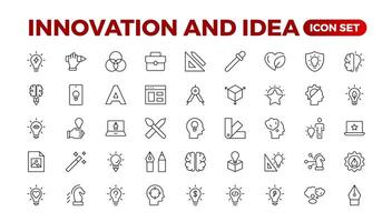 Innovation Linie Symbole Sammlung. Technologie, kreativ, Symbole. ui Symbol Satz. dünn Gliederung Pack. Idee kreativ Idee, Brainstorming, Lösung, Denken und Innovation die Glühbirne mit Gehirn Gliederung Symbol. vektor