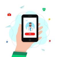 onlinekonsultation med en läkare på ett videosamtal i en smartphone. koncept för medicinsk webbplats eller app. platt vektor illustration