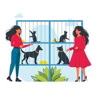 Leute wählen Tiere im Tierheim. Menschen, die Tiere aus Tierheimen adoptieren. Tierheim oder Tiershop-Vektor-Illustration. Menschen, die Tierheime zur Adoption von Haustieren besuchen. Hunde und Katzen. vektor