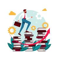 klätterböcker. person i biblioteket går upp. människor som klättrar i böcker. affärsframgång, utbildningsnivå, personal och kompetensutveckling vektor koncept. affärsman går upp för trappan som gjordes från böcker.