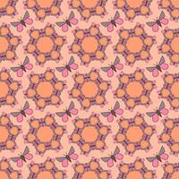 sömlös mönster, prydnad av geometrisk siffror av fjärilar i kombinatorik stil på ett orange bakgrund vektor
