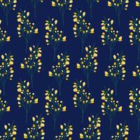 nahtlos Muster von Geäst mit viele klein Blumen. Blumen- Zweige auf ein dunkel Blau Hintergrund. Wiese botanisch drucken, Wildblumen. vektor