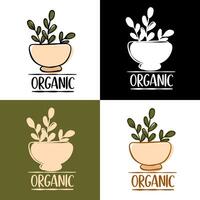 samling av hand dragen logotyper och ikoner av organisk mat, bruka färsk och naturlig Produkter, element samling för mat marknadsföra, organisk Produkter. vektor
