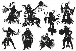 traditionell inföding danser och musik prestanda silhuetter, uppsättning av silhuetter av indisk dansa, indisk klassisk dansa dansa i Indien dansa klänningar vektor