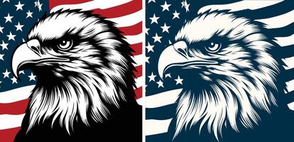 fliegend Adler Über das amerikanisch Flagge Silhouetten Sitz auf Weiß Hintergrund im zwei Varianten. vektor