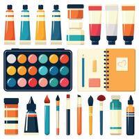 einstellen von Kunst Schule Materialien. malt, Bürsten, Bleistift, Radiergummi, Palette vektor