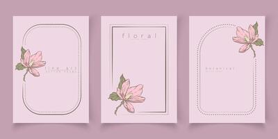 uppsättning av ram mallar i minimal linjär stil med hand dragen magnolia blomma. elegant blommig linje konst gräns för för etiketter, bröllop inbjudan, logotyp spara de datum, skönhet eller kosmetisk industri. vektor