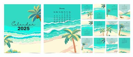 2025 tabell kalender vecka Start på söndag med strand den där använda sig av för vertikal digital och tryckbar a4 a5 storlek vektor