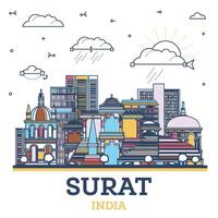 översikt surat Indien stad horisont med färgad modern och historisk byggnader isolerat på vit. surat stadsbild med landmärken. vektor