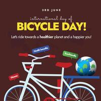 glücklich Fahrrad Tag 3 .. Juni 2024 Feier Banner. International Fahrrad Tag Banner, Post mit ein Fahrrad, Erde Globus auf es ist zurück Sitz und Rede Luftblasen um es fördern das Leistungen von Radfahren vektor