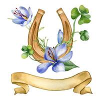 Glücklich Symbol Hufeisen und Kleeblatt Aquarell Illustration isoliert auf Weiß. gemalt leeren Band Banner. vier Blätter Kleeblatt und Safran Hand gezeichnet. Design zum st. Patrick Tag, Ostern, Frühling. vektor