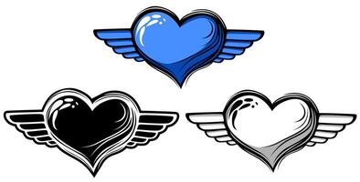 uppsättning blå hjärtan med vingar ikon. söt kärlek flygande vektor