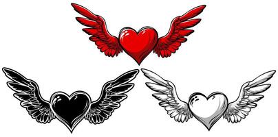 einstellen rot Herzen Flügel fliegen Symbol. romantisch Liebe Design vektor