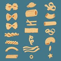 ein einstellen mit verschiedene Formen von Pasta. ein Sammlung von Illustrationen, geeignet zum das visuell Design von Italienisch Küche. Design und kulinarisch Projekte. viele Typen von Single Pasta im ein Reihe auf Blau vektor