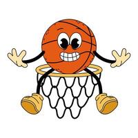 groovig Charakter Basketball. Karikatur modisch retro Stil Basketball Charakter im ein Band. Gekritzel Comic Illustration Basketball. Basketball. vektor