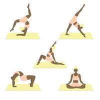 uppsättning av sportigt ung kvinna håller på med yoga kondition övningar. friska livsstil. samling av kvinna tecknad serie tecken demonstrera olika yoga positioner isolerat på vit bakgrund - vektor