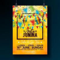 festa junina Party Flyer Design mit Flaggen, Papier Laterne und Typografie Design auf Gelb Hintergrund. Brasilien Juni Festival Illustration zum Feier Poster oder Urlaub Einladung. traditionell vektor