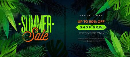 Sommer- Verkauf Design mit Palme Blätter und Typografie Beschriftung auf dunkel Grün Hintergrund. tropisch Blumen- Illustration mit Besondere Angebot Text Etikette zum Coupon, Gutschein, Banner, Flyer, Werbung vektor