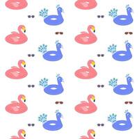 sömlös mönster med simning cirklar i de form av rosa flamingos och blå påfåglar vektor