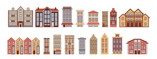 uppsättning av modern och gammal byggnader, element av urban infrastruktur, en stuga by, en stad gata, ett gammal stad, samling av ikoner, illustrationer i en platt stil. vektor