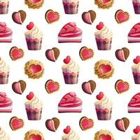 nahtlos Muster von lecker Kekse mit Herzen und süß Kuchen, Abbildungen im ein eben Karikatur Stil zu schmücken das Menüs von Süss Restaurants und Valentinstag Tag Karten vektor