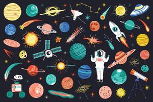 Plats klotter samling, planeter, stjärnor och shuttle ikoner, illustrationer av sol- systemet, satellit och raket, söt barnslig design för astronomi bok, vetenskap samling, universum ritningar vektor