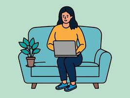 Mädchen mit Laptop Sitzung auf das Sofa. freiberuflich oder studieren Konzept. süß Illustration im eben Stil. vektor