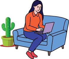 Mädchen mit Laptop Sitzung auf das Sofa. freiberuflich oder studieren Konzept. süß Illustration im eben Stil. vektor