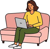 flicka med bärbar dator Sammanträde på de soffa. frilans eller studerar begrepp. söt illustration i platt stil. vektor