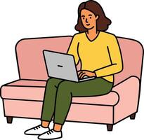 Mädchen mit Laptop Sitzung auf das Sofa. freiberuflich oder studieren Konzept. süß Illustration im eben Stil. vektor