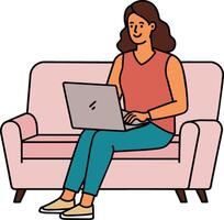 Mädchen mit Laptop Sitzung auf das Sofa. freiberuflich oder studieren Konzept. süß Illustration im eben Stil. vektor