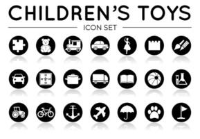 schwarz Kinder- Spielzeuge Symbol einstellen mit Betrachtung mit Buch, Bälle, lehrreich, Traktor, Fahrrad, Ebene, Tiere, andere und Gruppe Spiel isoliert Symbole vektor