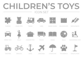 Kinder- Spielzeuge Symbol einstellen mit Puzzle, Plüsch, Zug und Auto, Tafel Spiel, Puppen, Kunst und Kunsthandwerk, Gebäude setzt, Kochen, Schiff, LKW, Buch, Bälle, lehrreich, Traktor, Fahrrad, isoliert Symbole vektor