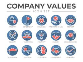 Geschäft Unternehmen Werte runden Gliederung Farbe Symbol Satz. Integrität, Führung, Wert, respektieren, Zusammenarbeit, Positivität, Hingabe, Zusammenarbeit, Ausbildung, Effizienz, Klugheit, Engagement, Original- Symbole. vektor