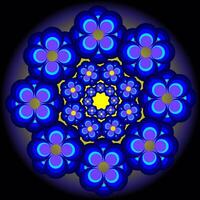 runda mönster i de form av blå blommor på en svart bakgrund vektor