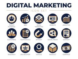 elegant Digital Marketing Symbol Satz. Ziel Publikum, seo, Email Marketing, Webseite, Analytik, Kunden, Referenzen, anlocken, Sozial Medien, Inhalt, usw Symbole. vektor