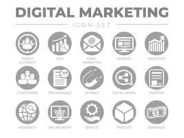 runden Digital Marketing Symbol Satz. Ziel Publikum, seo, Email Marketing, Webseite, Analytik, Kunden, Referenzen, anlocken, Sozial Medien, Inhalt, usw Symbole. vektor