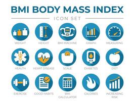bmi kropp massa index runda ikon uppsättning av vikt, höjd, bmi maskin, Graf, mätning, hälsa, hjärta sjukdom, skala, diabetes, diet, träning, vanor, bmi kalkylator, kalorier, risk ikoner. vektor