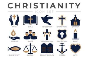 kristendomen ikon uppsättning med tro, bibel, crucifixion , dop, kyrka, uppståndelse, helig anda, helgon, bud, ljus, skydd, rättvisa, säkerhet och kärlek kristen ikoner vektor